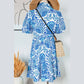 Jamaya Sky Blue Retro Floral Print Drawstring Waist Ruffled Mini Dress