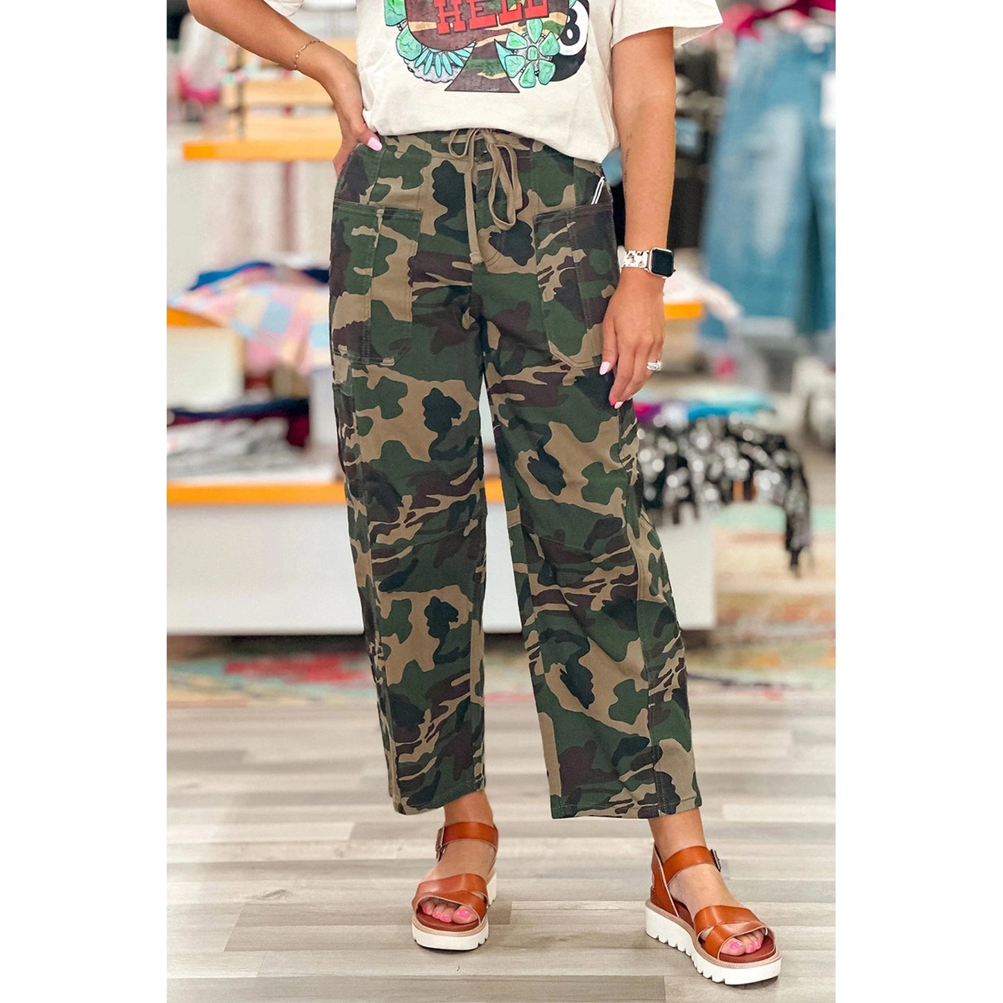 James Green Camouflage Print Drawstring Patch Pocket Ankle Length Jeans