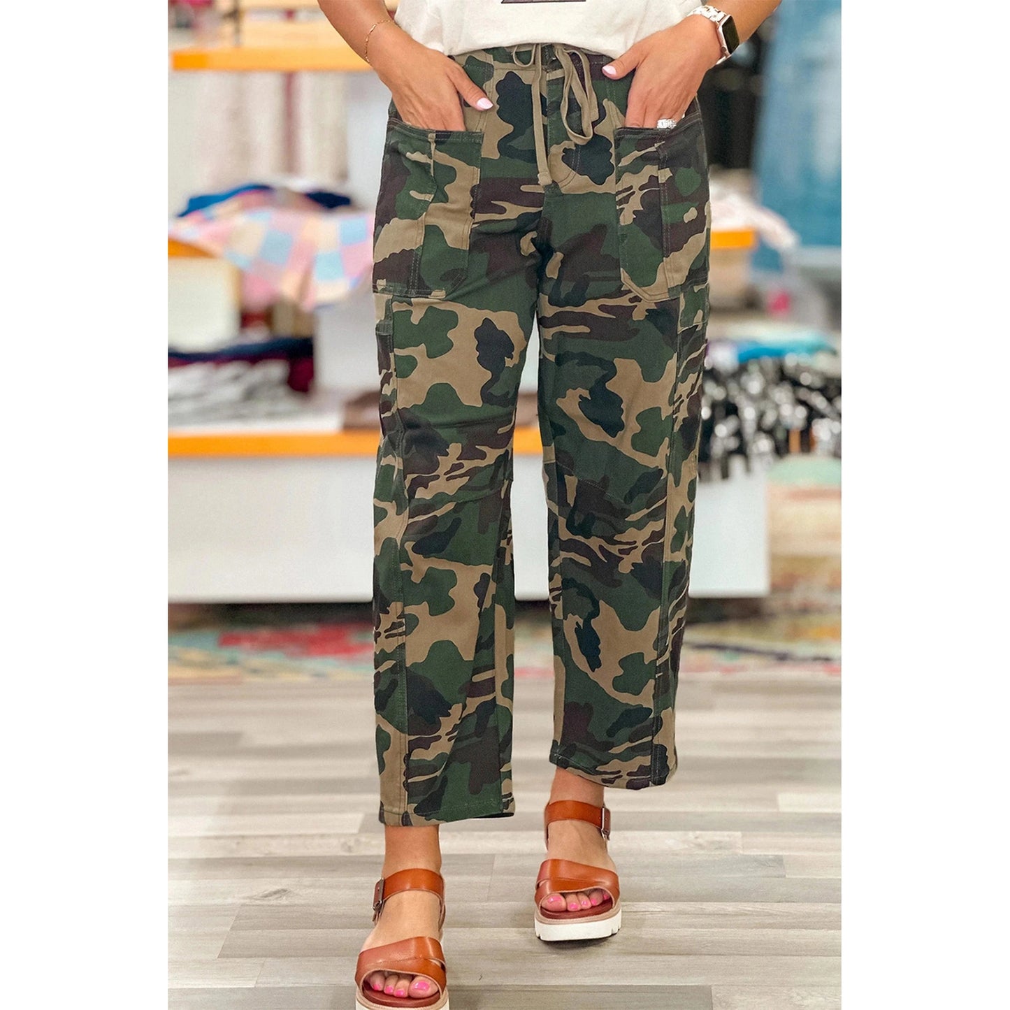 James Green Camouflage Print Drawstring Patch Pocket Ankle Length Jeans