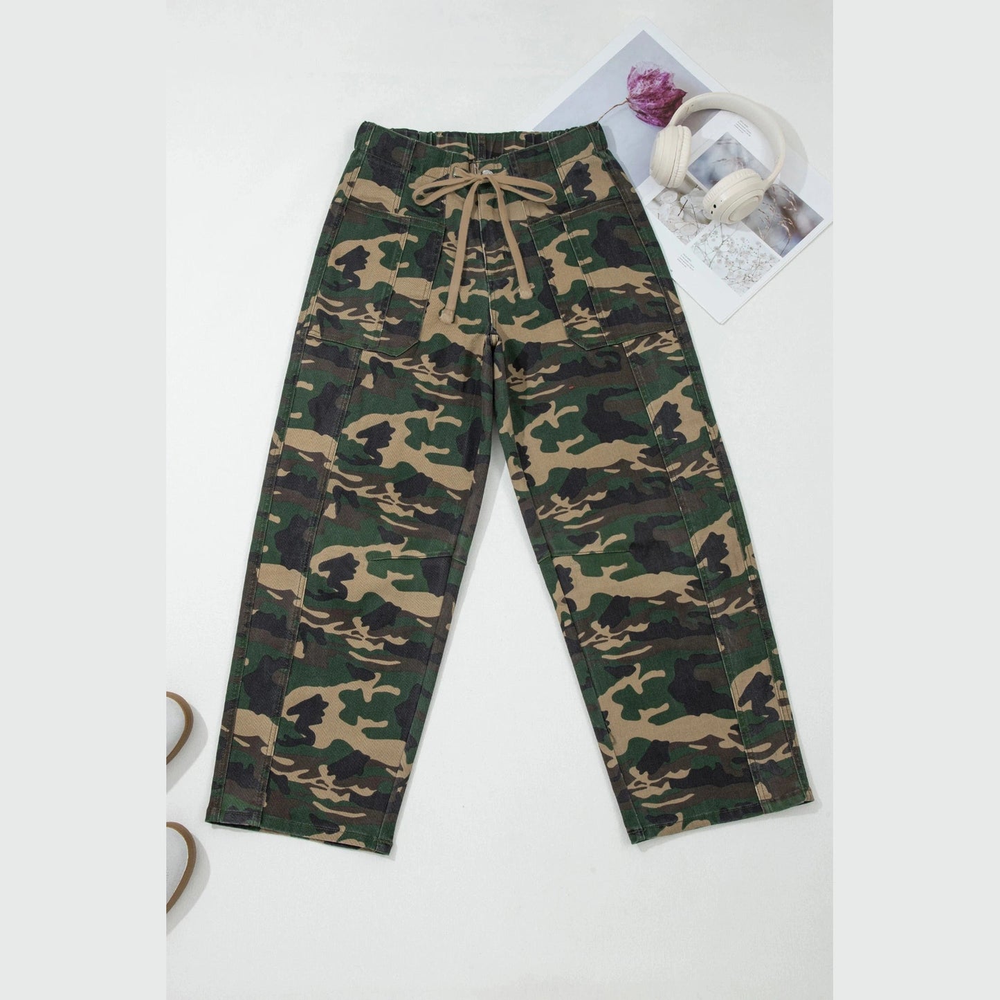James Green Camouflage Print Drawstring Patch Pocket Ankle Length Jeans