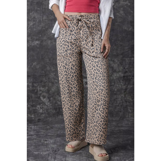Jamila Khaki Leopard Printed Drawstring Waist Pocketed Wide Leg Jeans