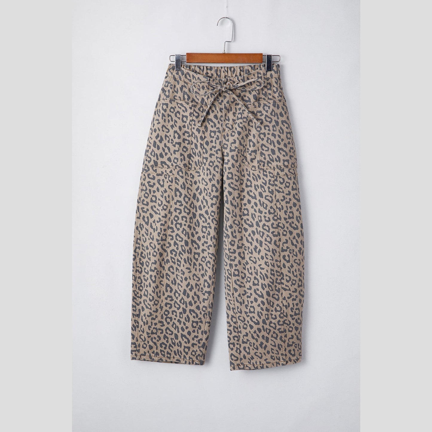 Jamila Khaki Leopard Printed Drawstring Waist Pocketed Wide Leg Jeans