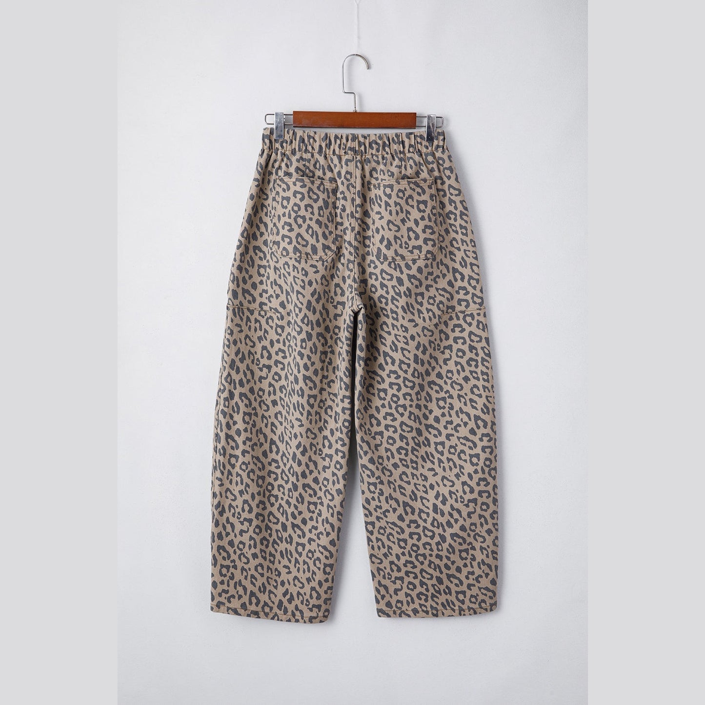 Jamila Khaki Leopard Printed Drawstring Waist Pocketed Wide Leg Jeans