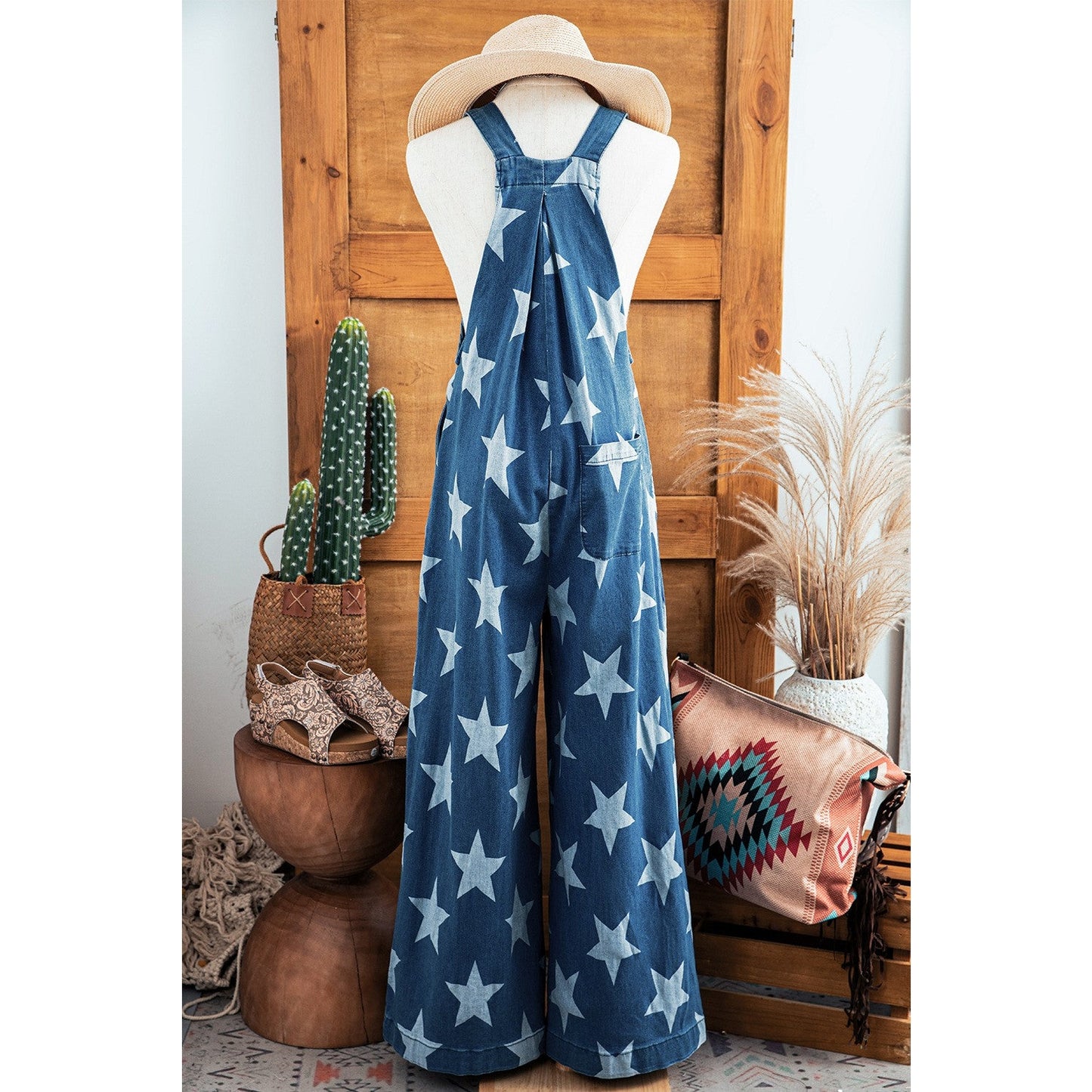 Janaya Star Print Buttoned Strap Pleat Wide Leg Denim Overall