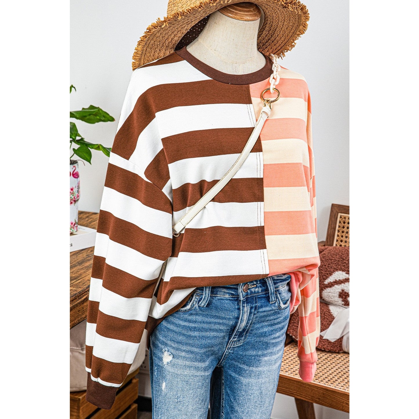 Janan Brown Stripe Color Block Drop Shoulder Pullover Sweatshirt