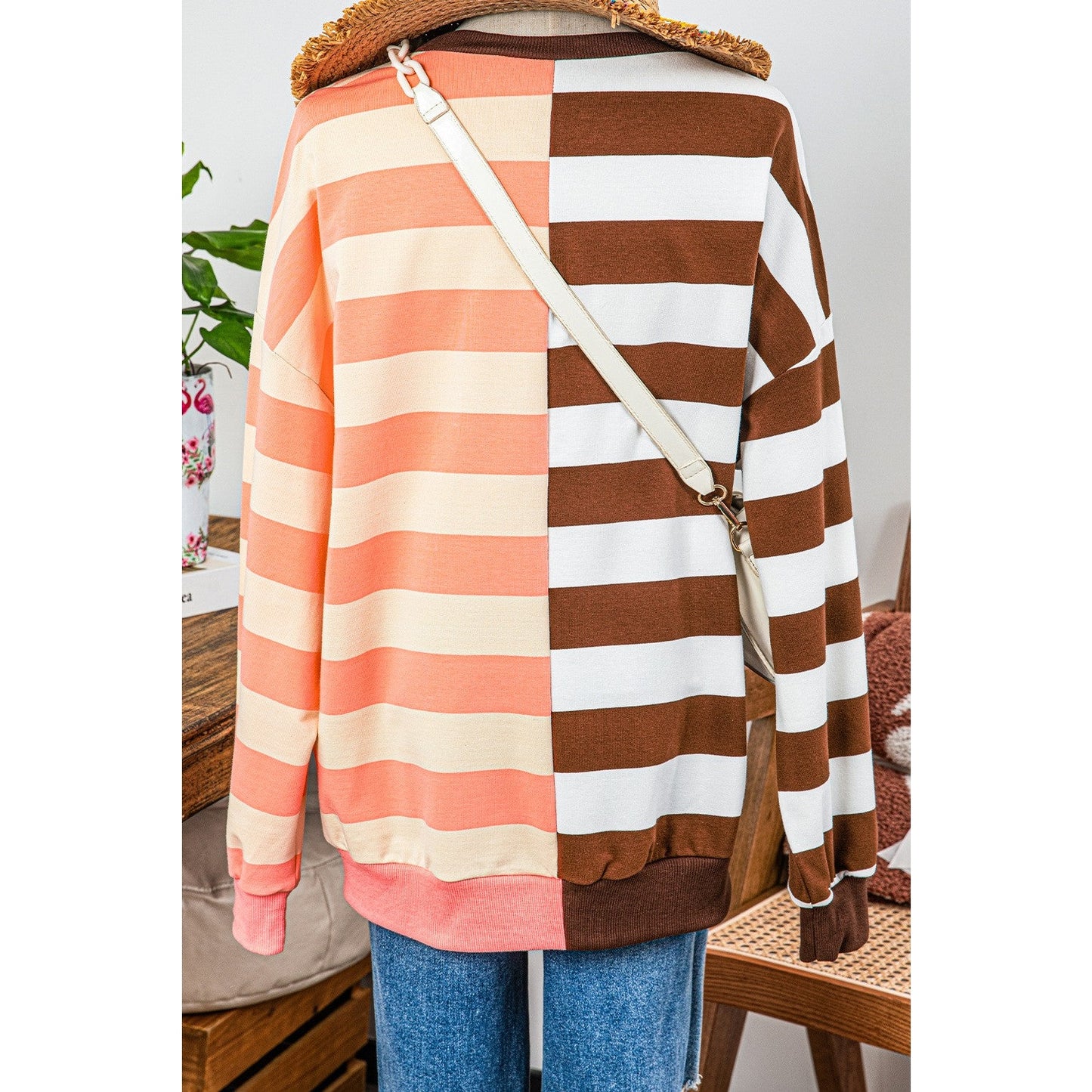 Janan Brown Stripe Color Block Drop Shoulder Pullover Sweatshirt