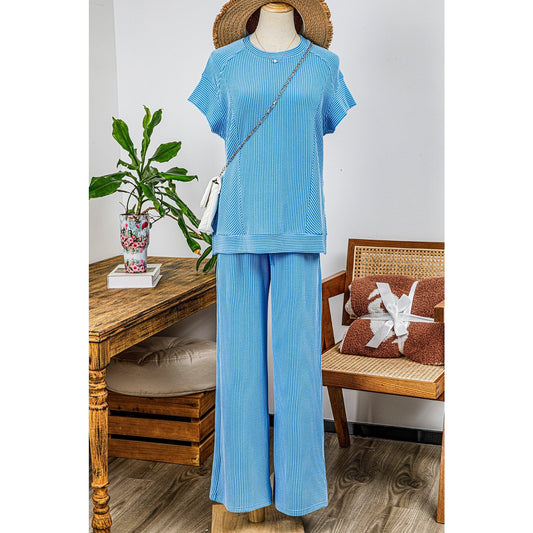 Janece Blue Corded Knit Short Sleeve T Shirt and Wide Leg Pants Set
