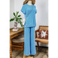 Janece Blue Corded Knit Short Sleeve T Shirt and Wide Leg Pants Set