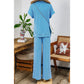 Janece Blue Corded Knit Short Sleeve T Shirt and Wide Leg Pants Set
