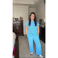 Janece Blue Corded Knit Short Sleeve T Shirt and Wide Leg Pants Set