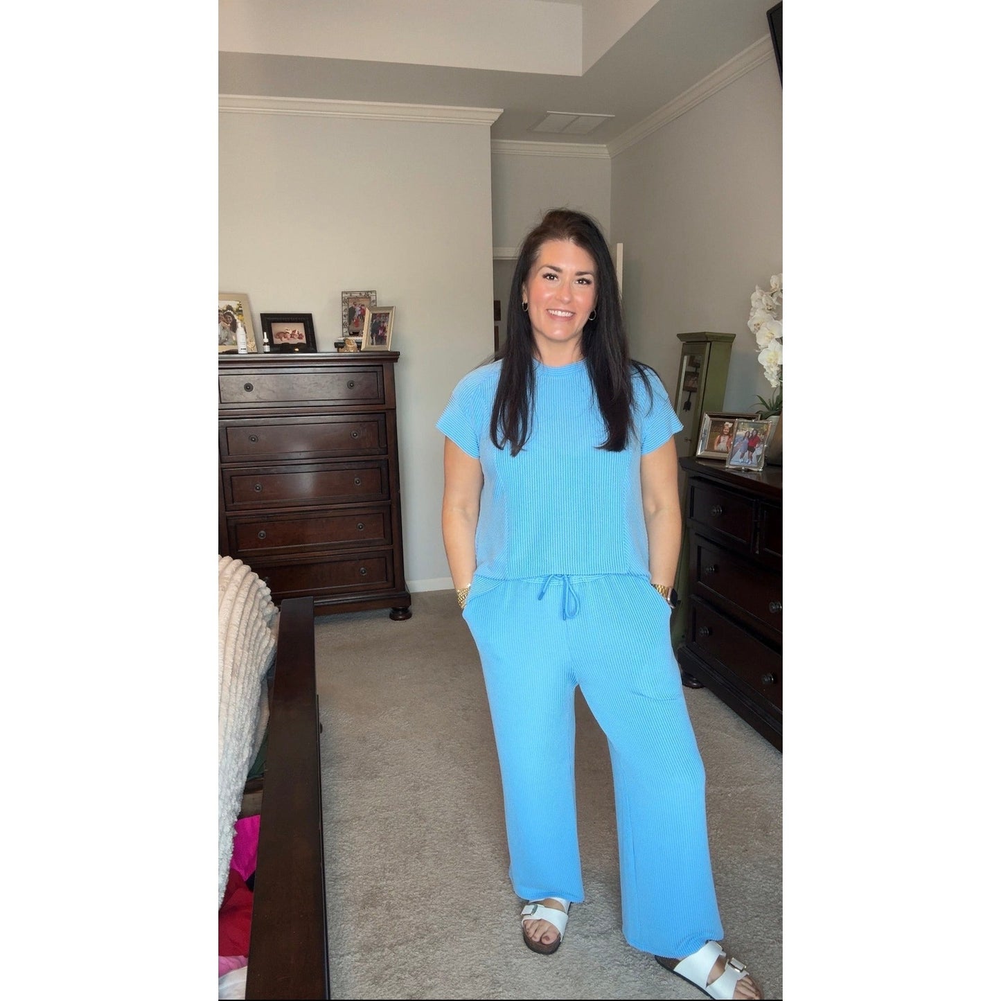 Janece Blue Corded Knit Short Sleeve T Shirt and Wide Leg Pants Set