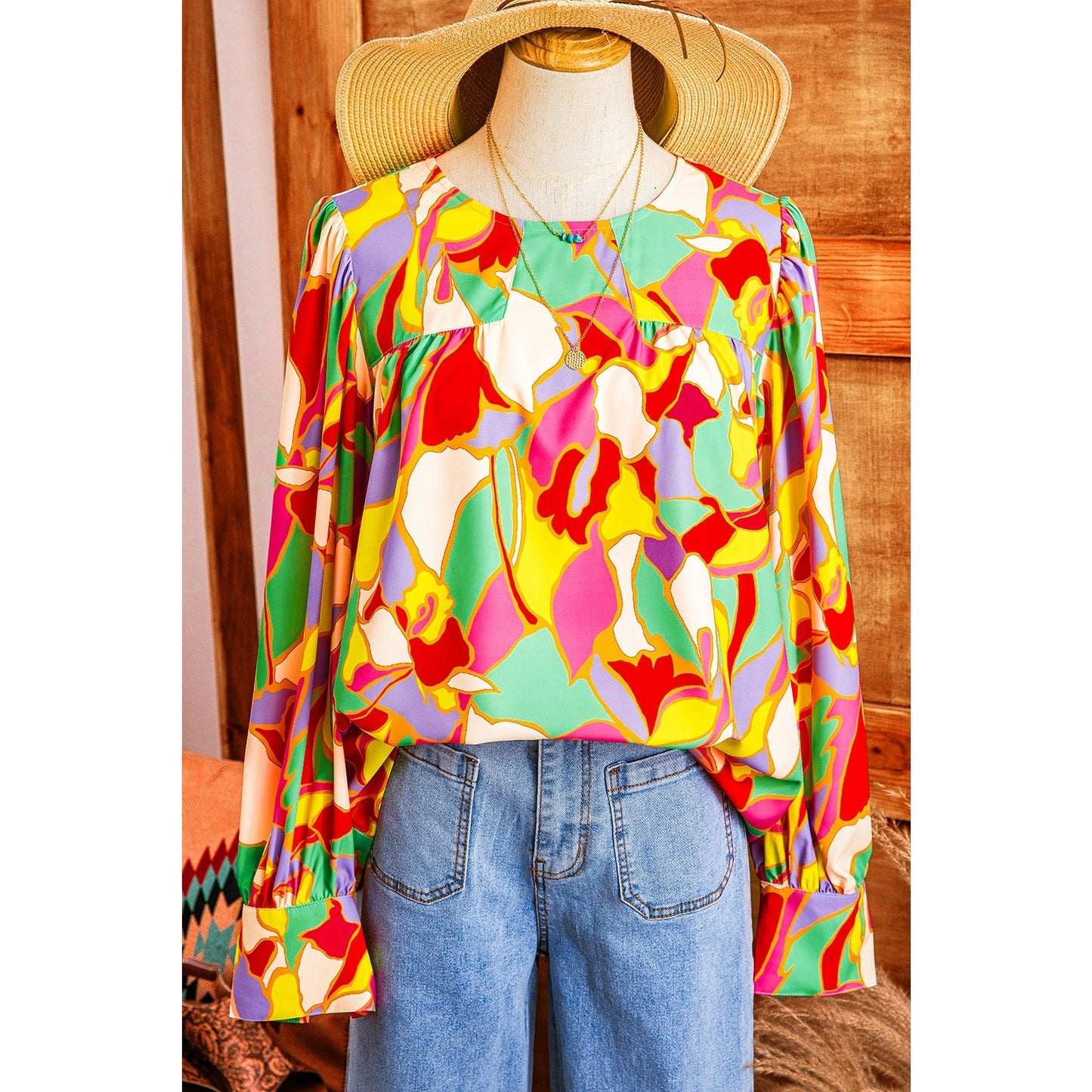 Janelle Yellow Abstract Print Puff Sleeve Blouse