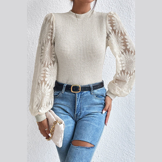 Janna Beige Sunflower Mesh Bubble Sleeve Waffle Knit Top