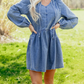 SALE!!!  Janna Puff Sleeve V Neck Ruffled Loose Denim Mini Dress