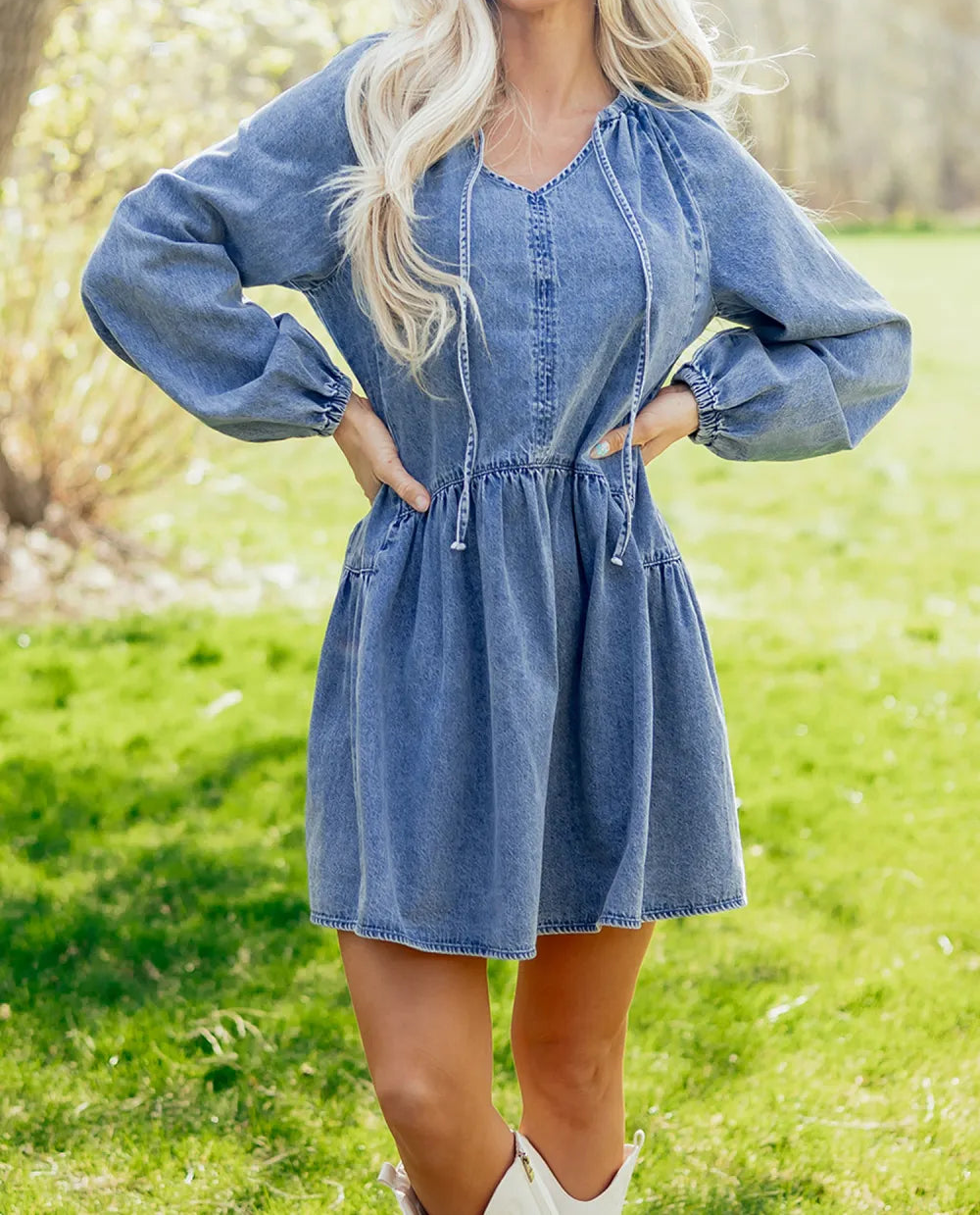 SALE!!!  Janna Puff Sleeve V Neck Ruffled Loose Denim Mini Dress