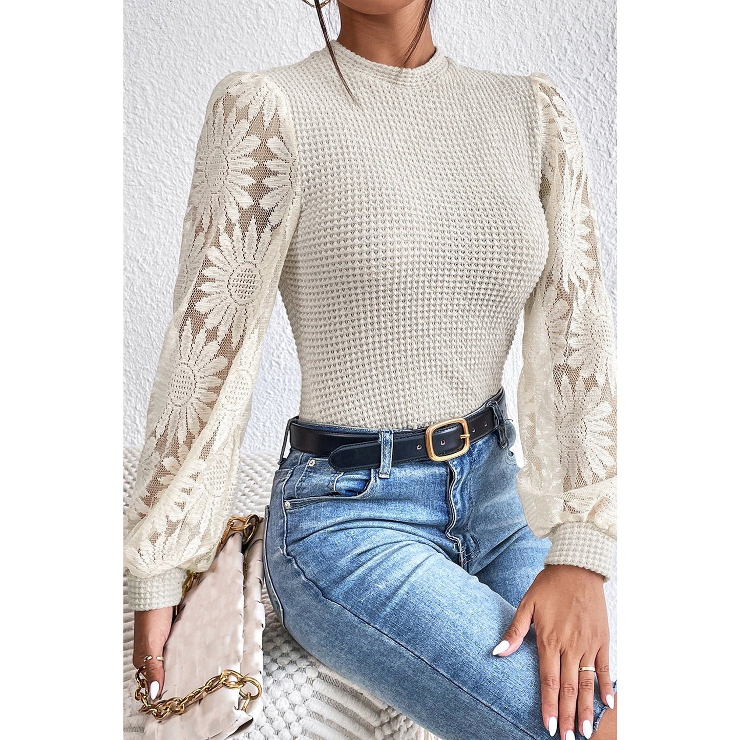 Janna Beige Sunflower Mesh Bubble Sleeve Waffle Knit Top