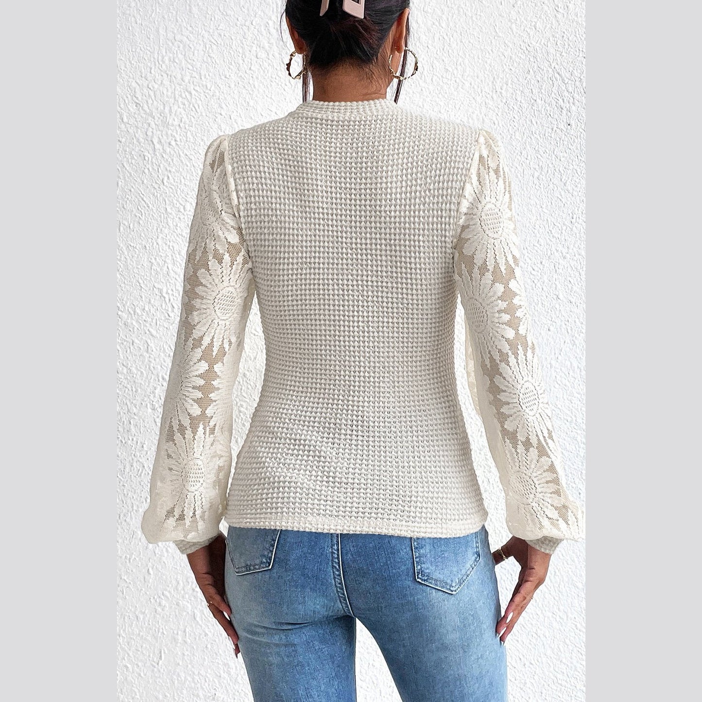 Janna Beige Sunflower Mesh Bubble Sleeve Waffle Knit Top