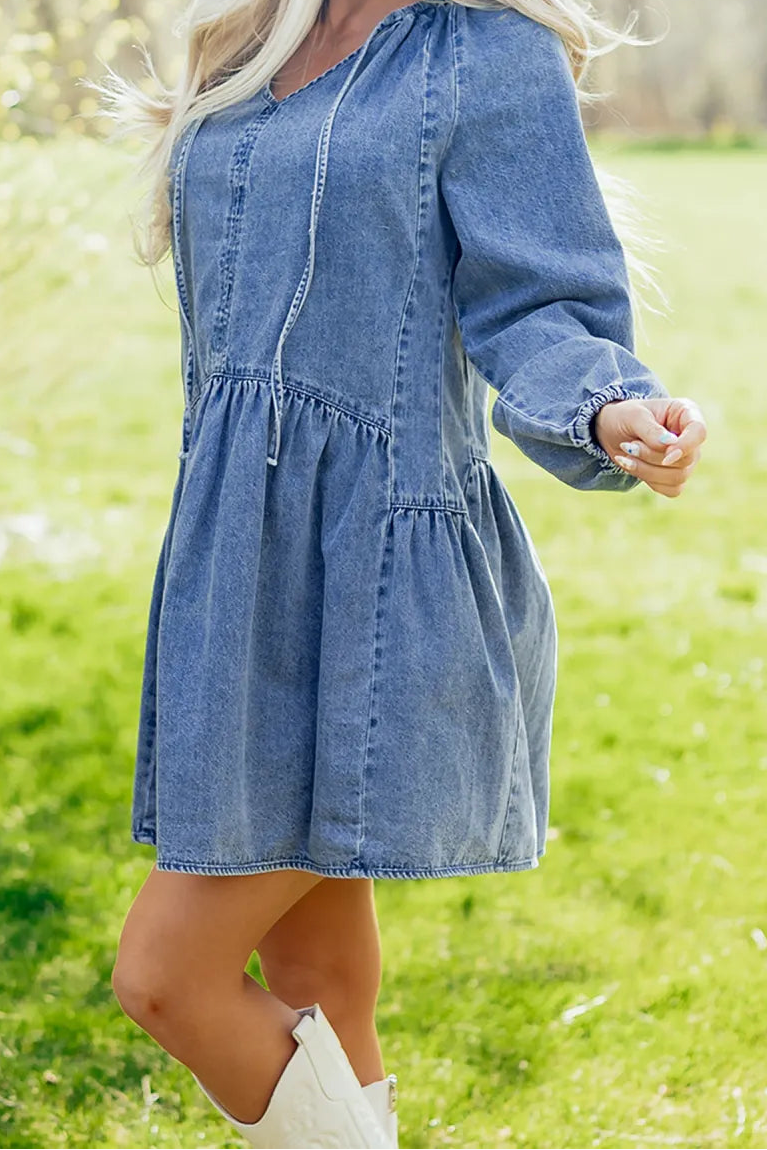 SALE!!!  Janna Puff Sleeve V Neck Ruffled Loose Denim Mini Dress