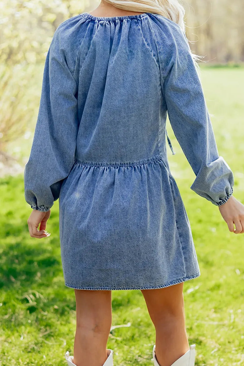 SALE!!!  Janna Puff Sleeve V Neck Ruffled Loose Denim Mini Dress
