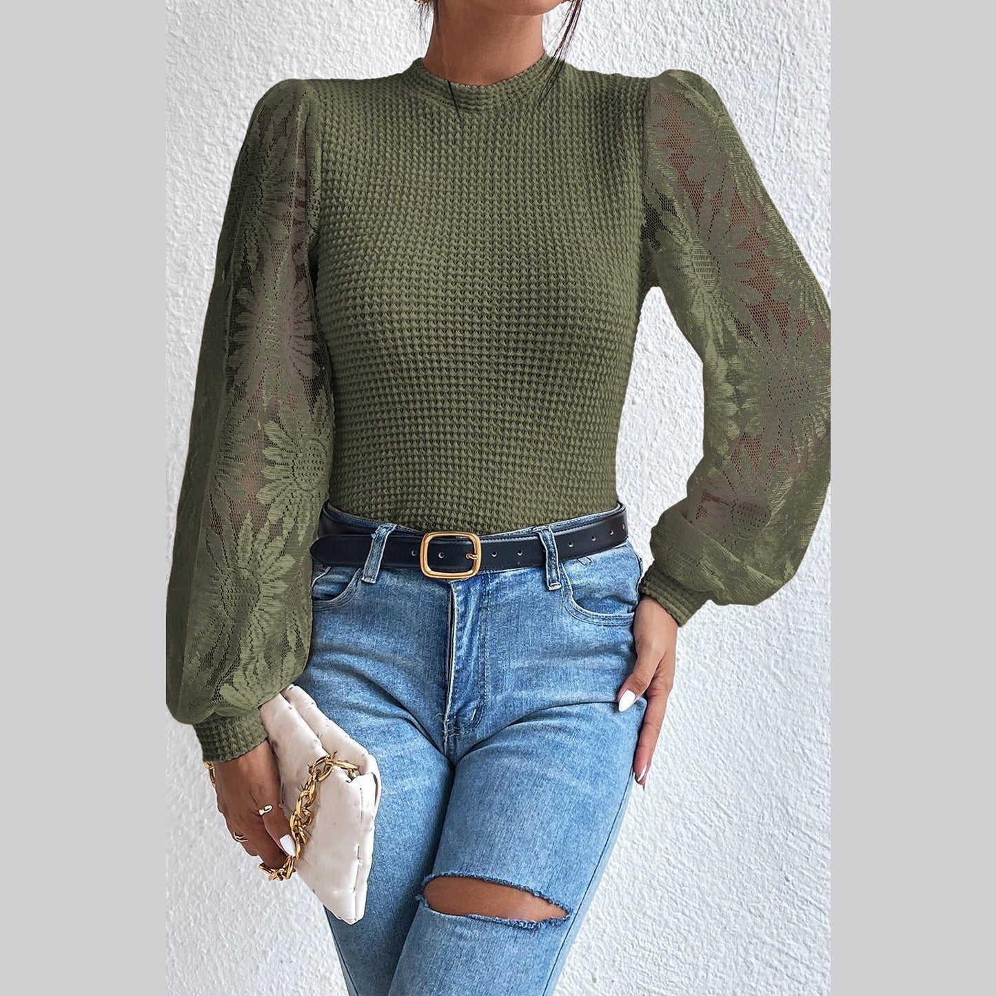 Janna Jungle Green Sunflower Mesh Bubble Sleeve Waffle Knit Top