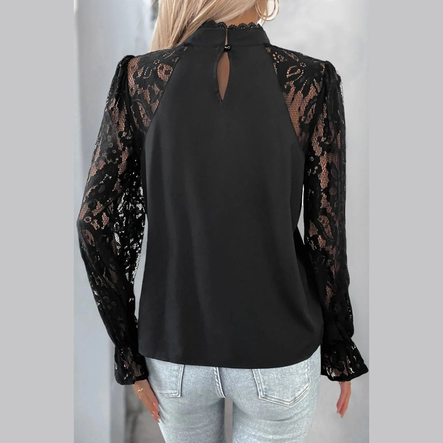 Janny Lace Patchwork Round Neck Long Sleeve Shirt