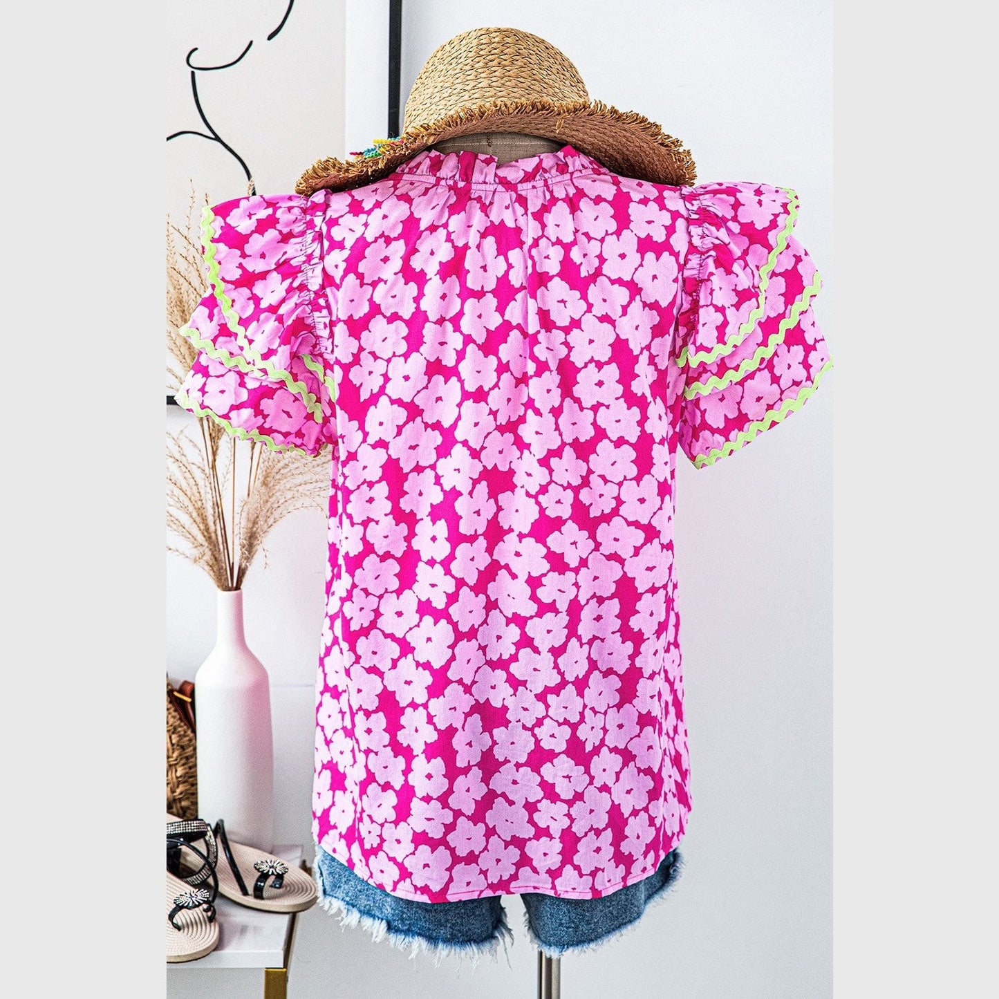 Jaquelle Pink Floral Contrast Ric Rac Layered Ruffle Sleeve Blouse