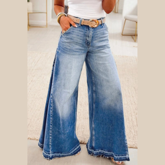 Jaune Side Seam Gathering Flare Leg Jeans Casual Daily Full-length Denim Pants