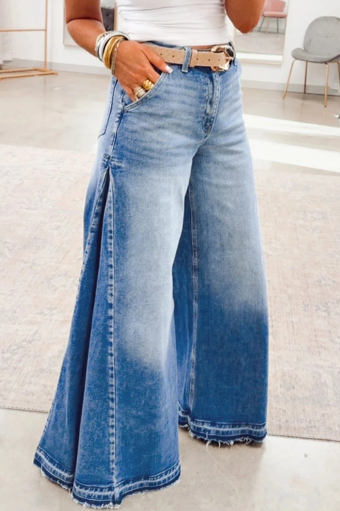 Jaune Side Seam Gathering Flare Leg Jeans Casual Daily Full-length Denim Pants