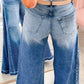 Jaune Side Seam Gathering Flare Leg Jeans Casual Daily Full-length Denim Pants