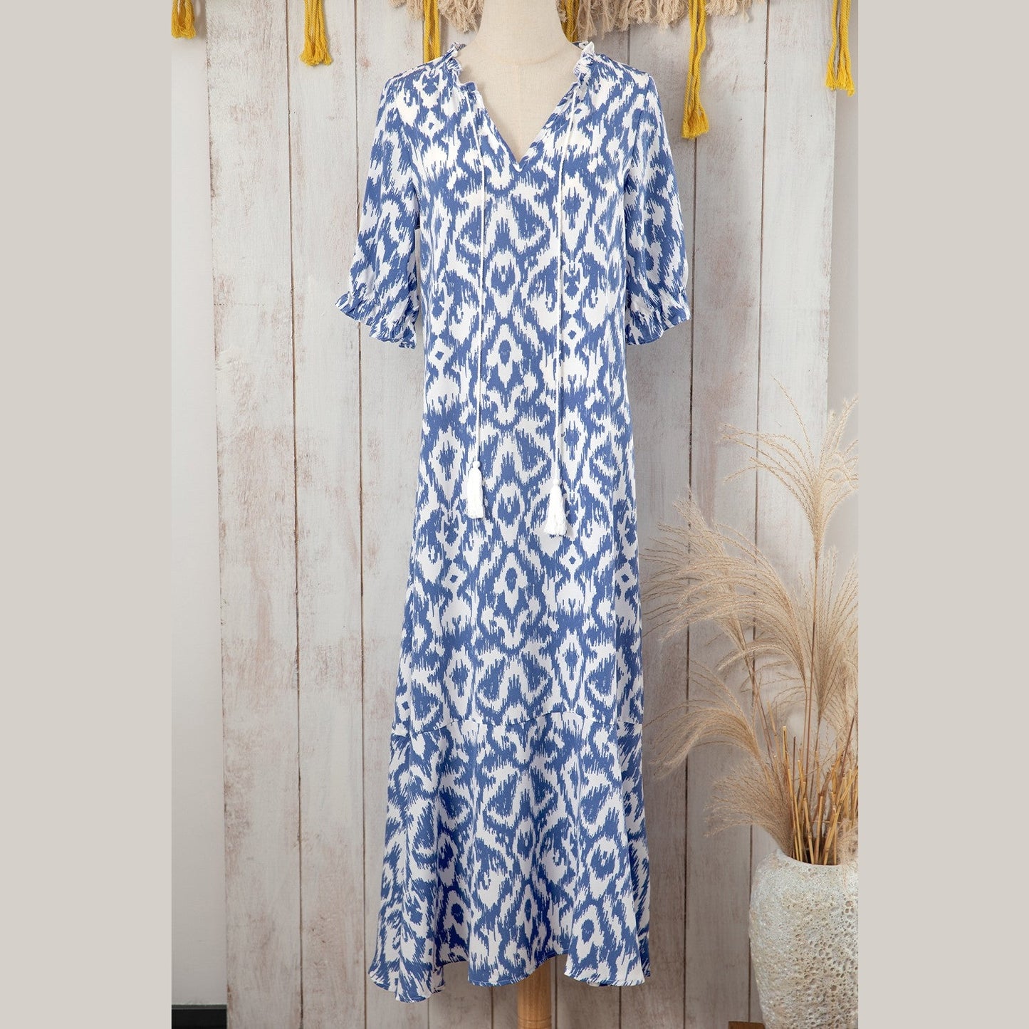 Jayleen Sky Blue V Neck Casual Geometric Print Maxi Dress