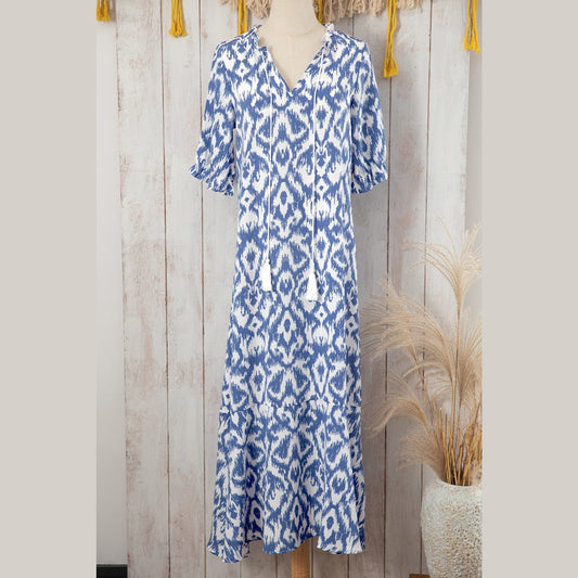 Jayleen Sky Blue V Neck Casual Geometric Print Maxi Dress