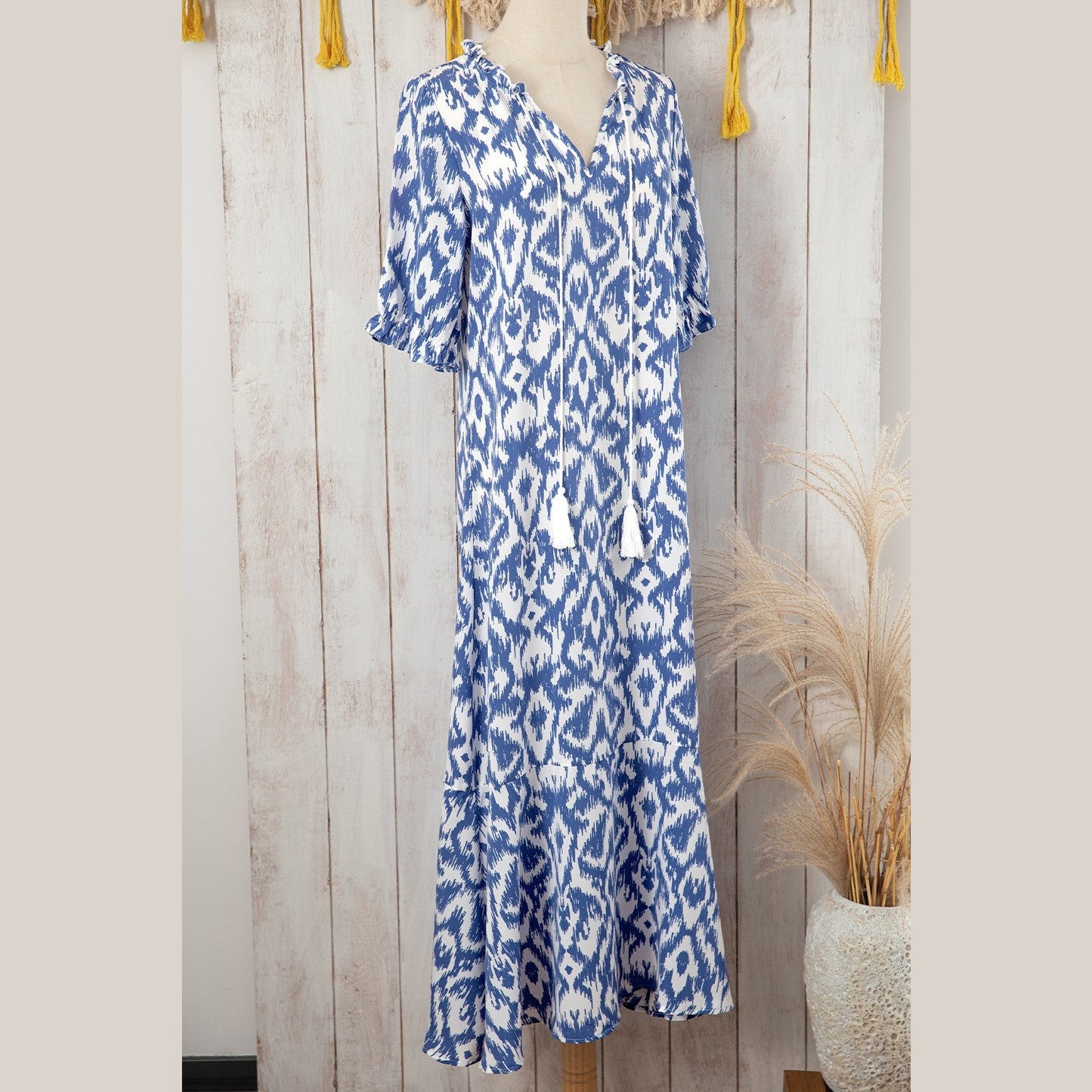 Jayleen Sky Blue V Neck Casual Geometric Print Maxi Dress