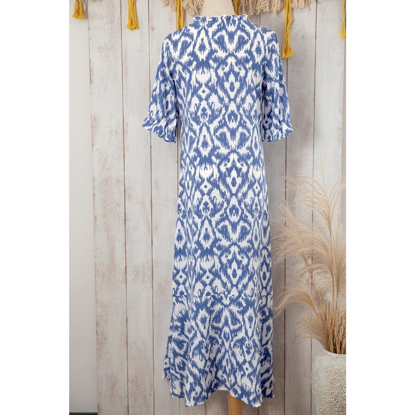 Jayleen Sky Blue V Neck Casual Geometric Print Maxi Dress