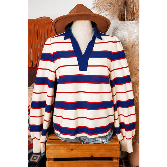 Jayde Blue Stripe Color Block Polo Pullover Sweatshirt