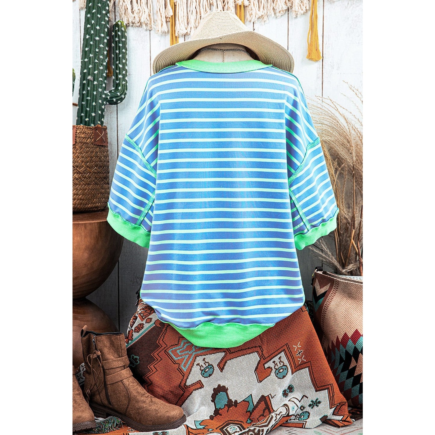 Jayla Sky Blue Stripe Contrast Trim Exposed Seam High Low Stripe T Shirt