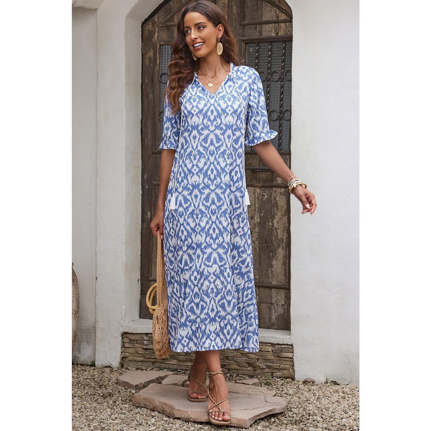 Jayleen Sky Blue V Neck Casual Geometric Print Maxi Dress