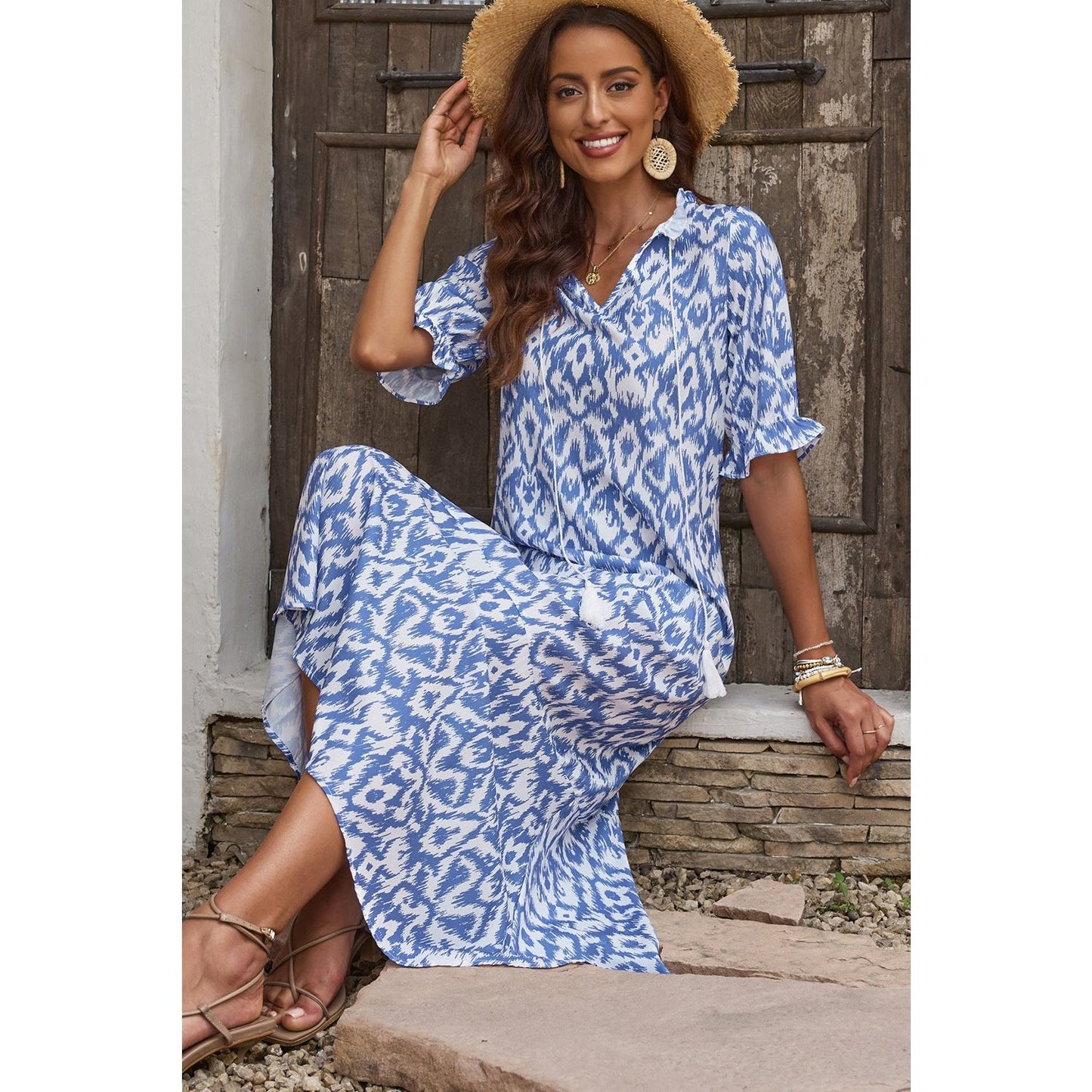 Jayleen Sky Blue V Neck Casual Geometric Print Maxi Dress