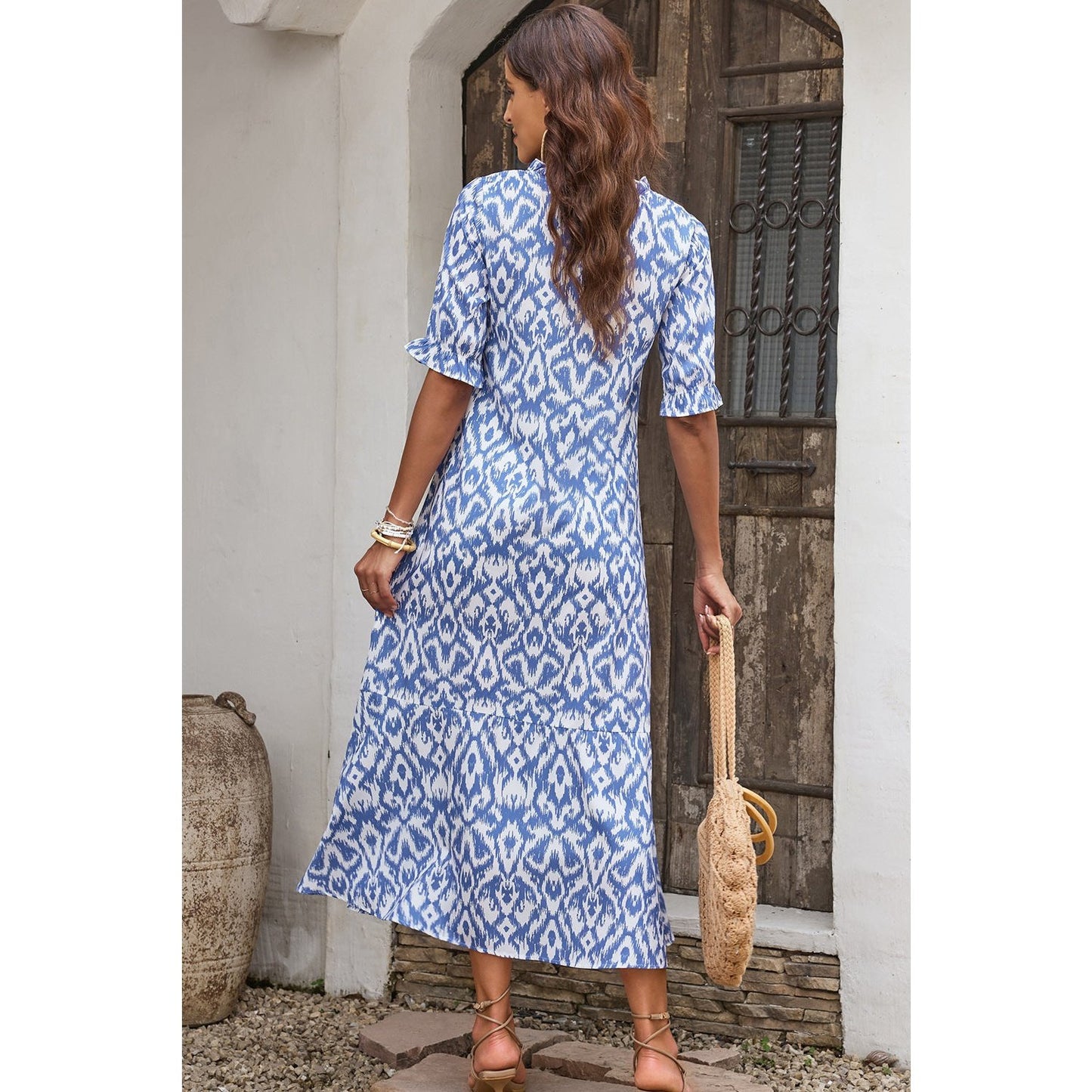 Jayleen Sky Blue V Neck Casual Geometric Print Maxi Dress