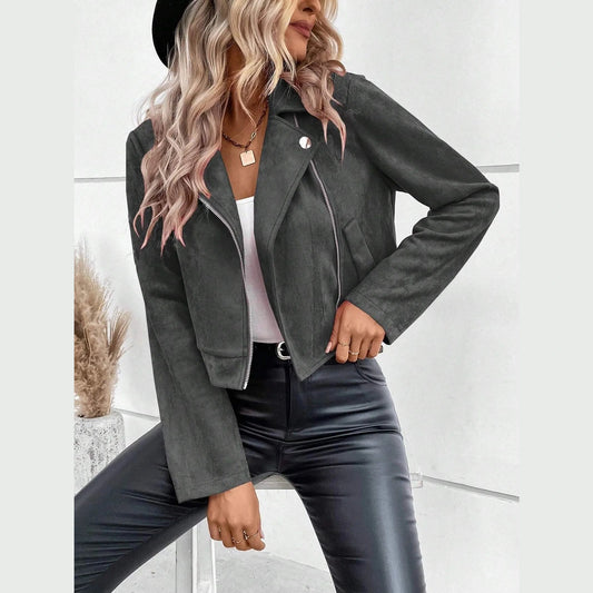 Jazmyn Charcoal Faux Suede Zipper Jacket