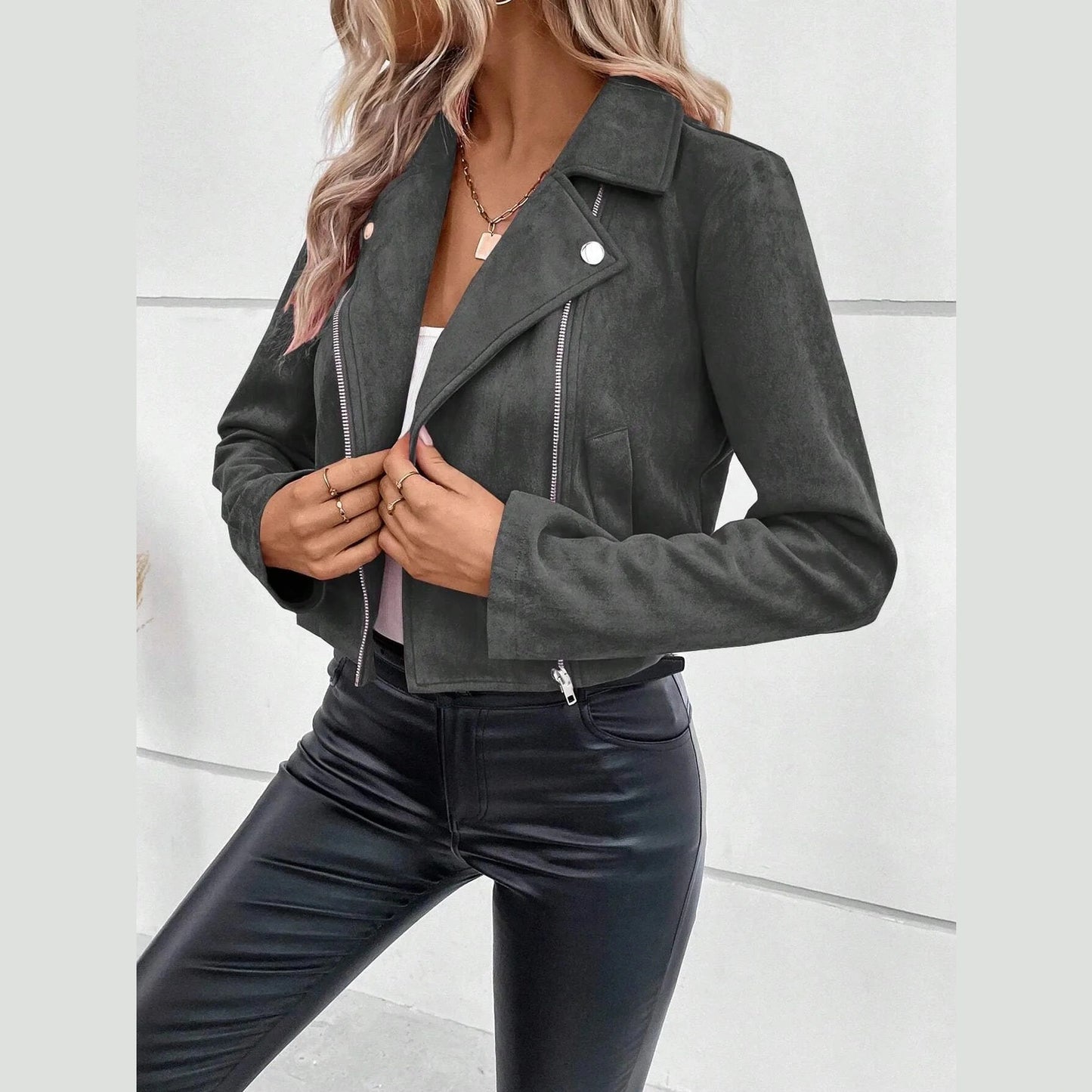 Jazmyn Charcoal Faux Suede Zipper Jacket