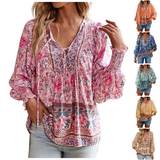 Jazzie V Neck Tie Front Bohemian Blouse - 6 Colors