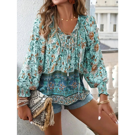 Jazzie Green V Neck Tie Front Bohemian Blouse