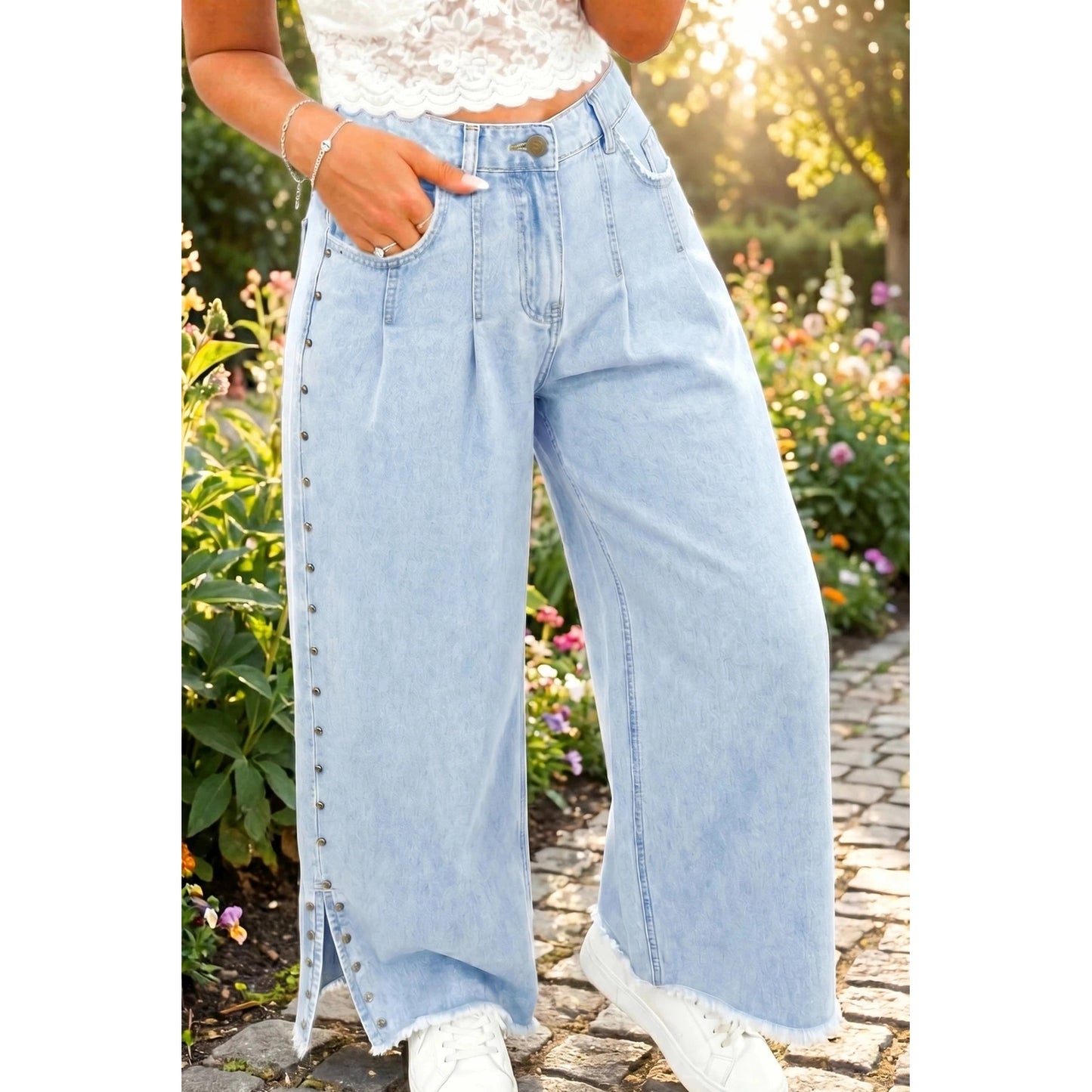 RTS Studded Side Slit Leg Frayed Pocketed Wide Leg Jeans