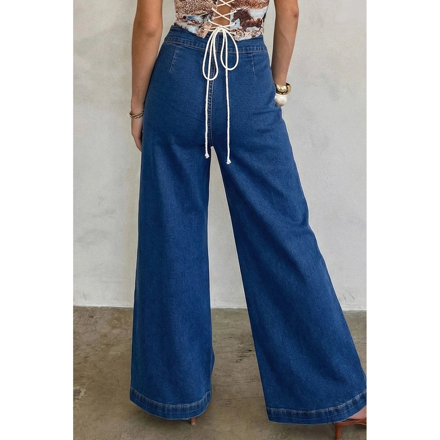 SALE!!!  Serena Blue Hardware Decor Patched Pockets Wide Leg Denim Pants