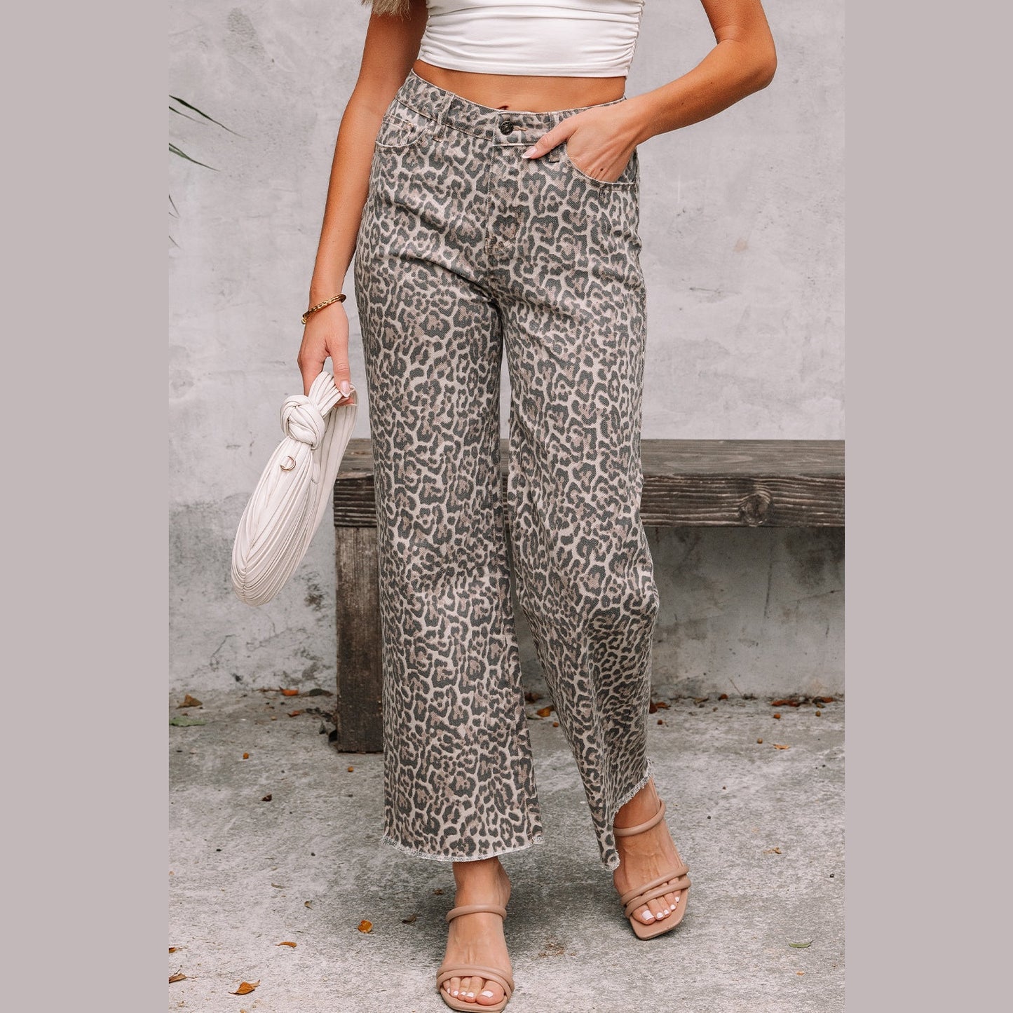 RTS Brown Leopard Frayed Edge Wide Leg High Waist Jeans
