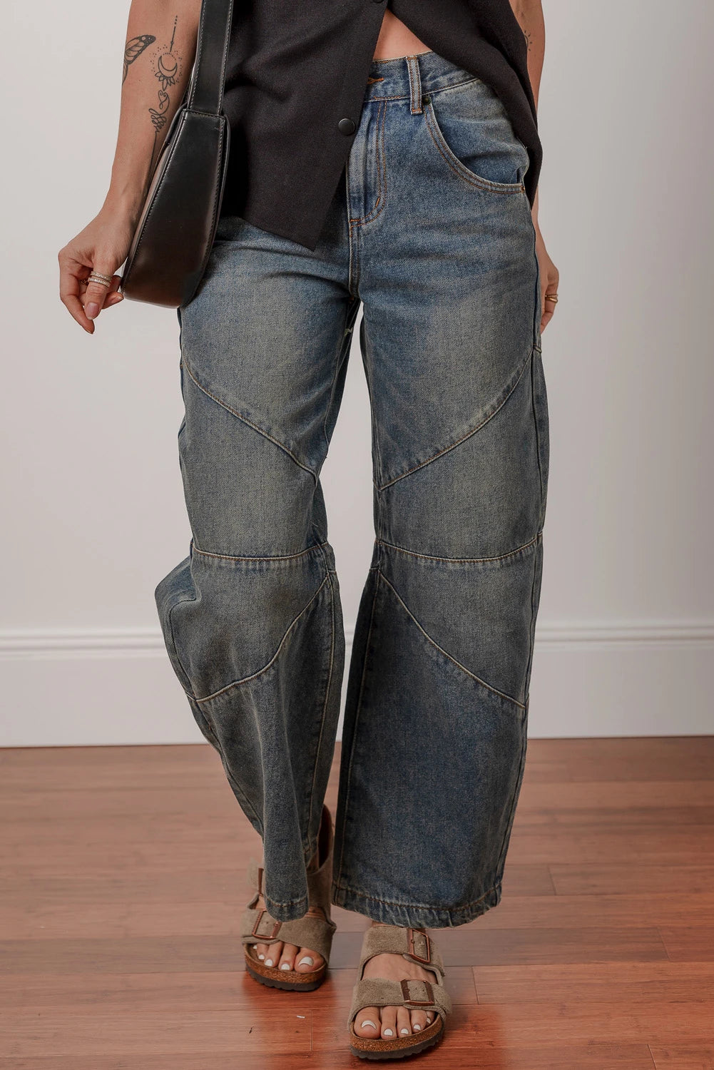 RTS Exposed Stitching Loose Straight High Waist Barrel Jeans