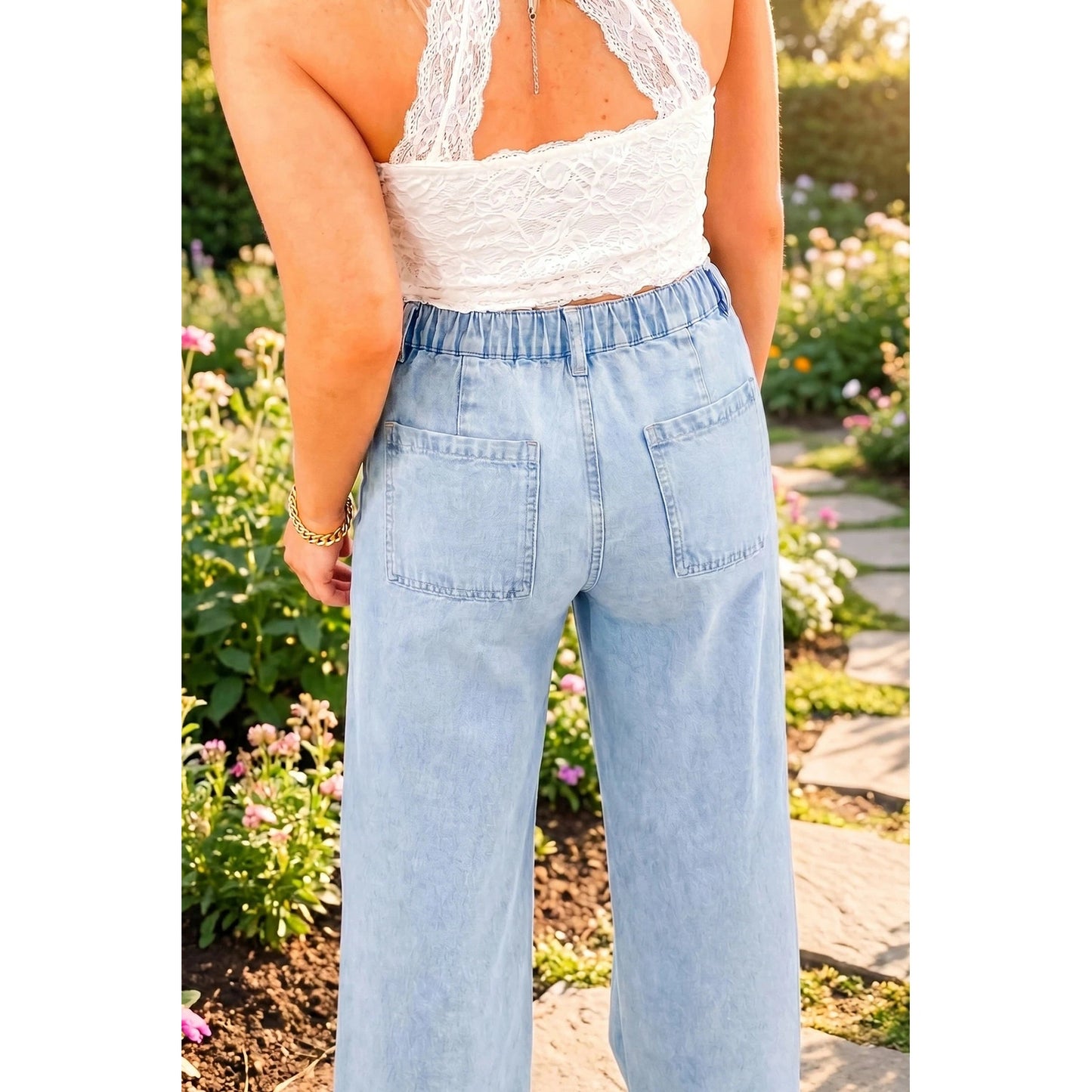 RTS Studded Side Slit Leg Frayed Pocketed Wide Leg Jeans