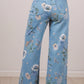 RTS Sky Blue Retro Floral Print Frayed Hem Shift Jeans