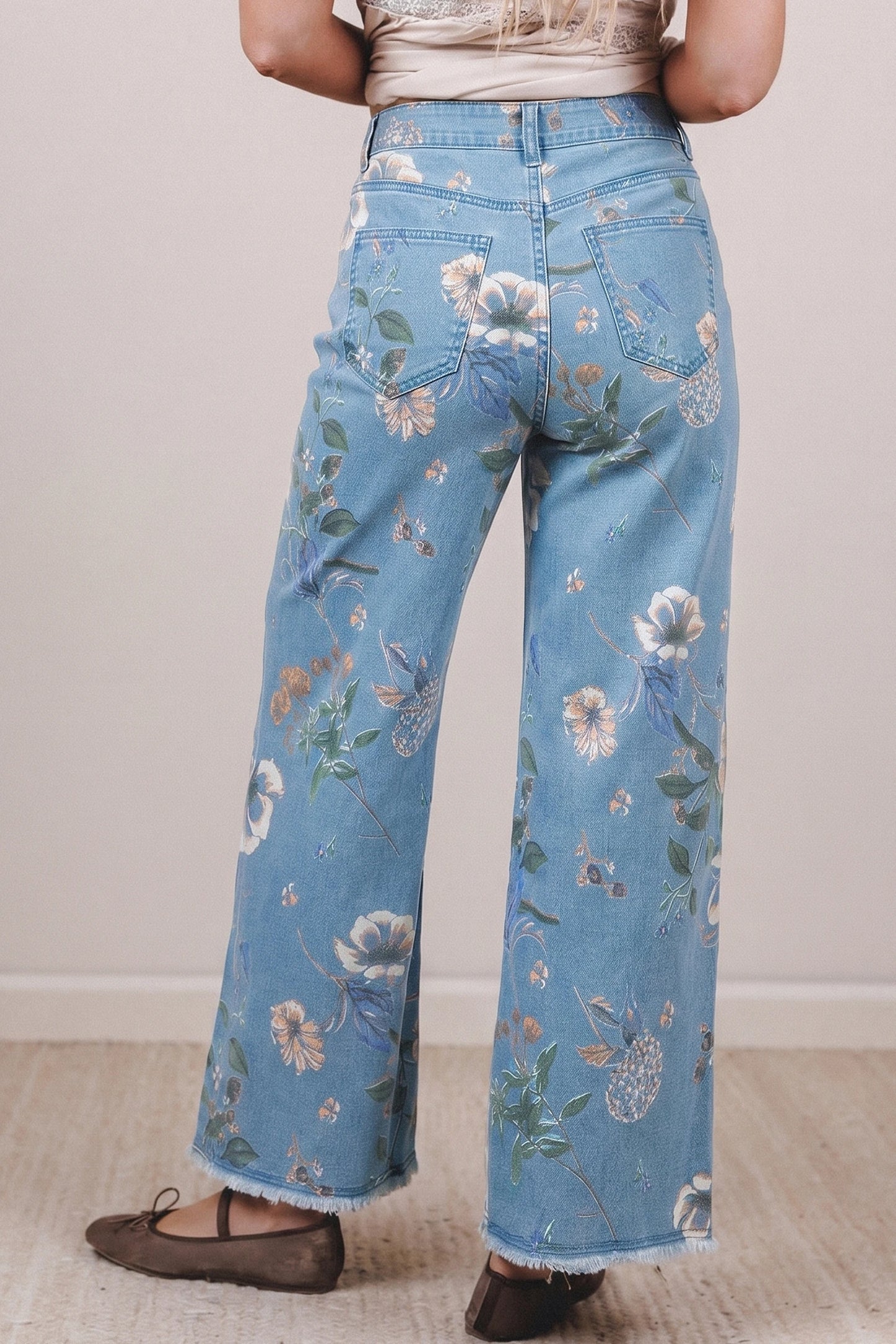 RTS Sky Blue Retro Floral Print Frayed Hem Shift Jeans