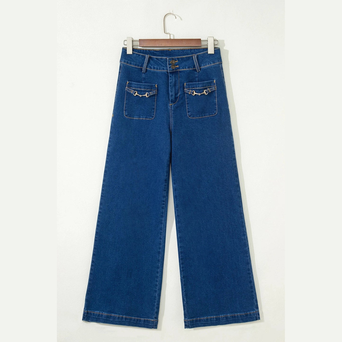 SALE!!!  Serena Blue Hardware Decor Patched Pockets Wide Leg Denim Pants